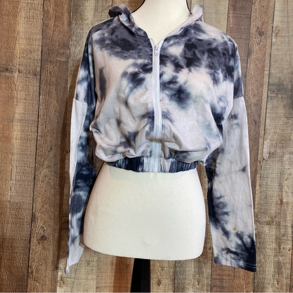 SHEIN CROPPED ZIP UP WOMENS HOODIE ELASTIC AT WAIST TIE DYE GRAY/CREAM SZ S - Picture 2 of 7